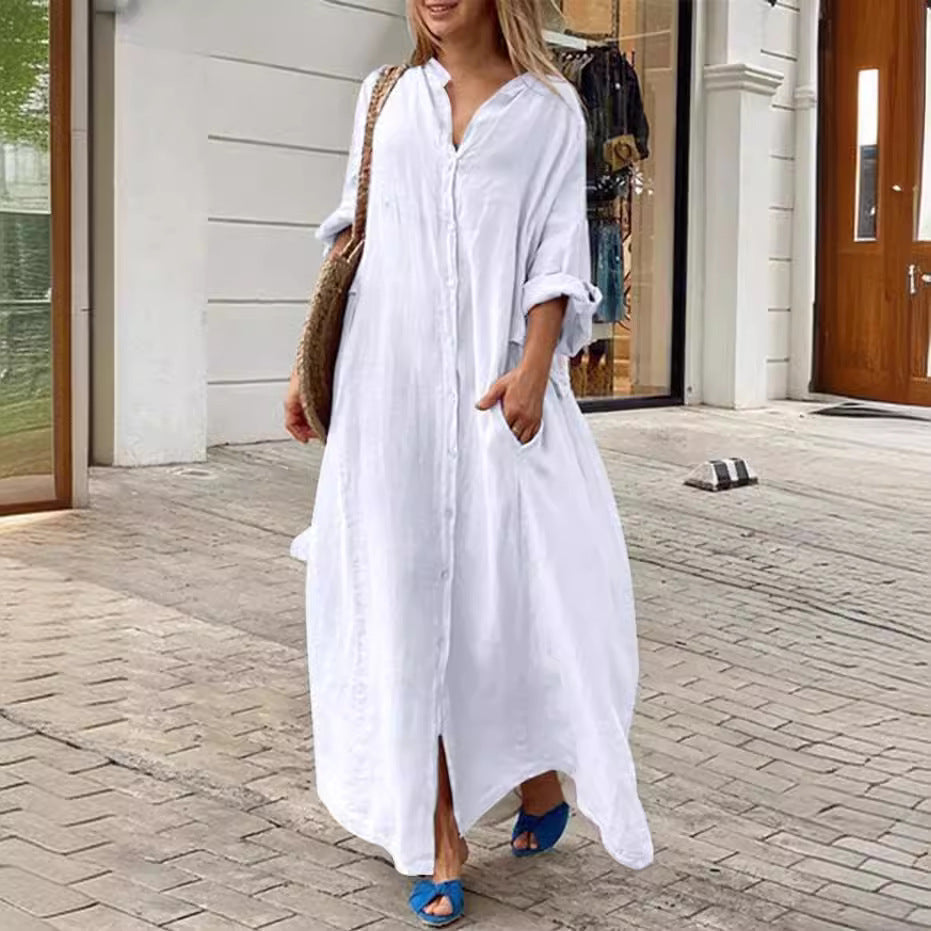 Casual Pocket Shirt Collar Long Dress Dresses