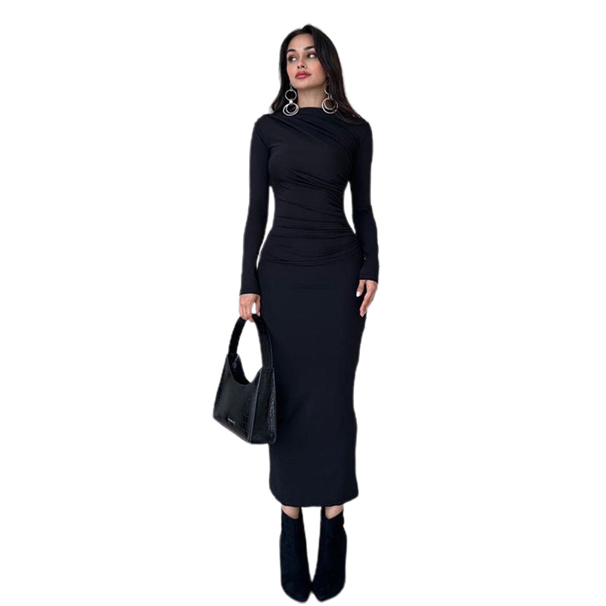 Women's Neck Long Sleeve Sheath Solid Color Dress