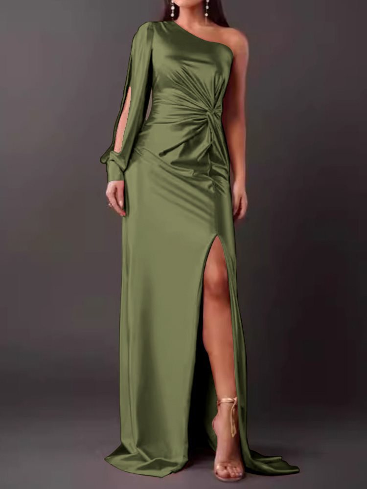Women's Summer Diagonal Collar Raglan Sleeve Pleated Waist Tight Dresses