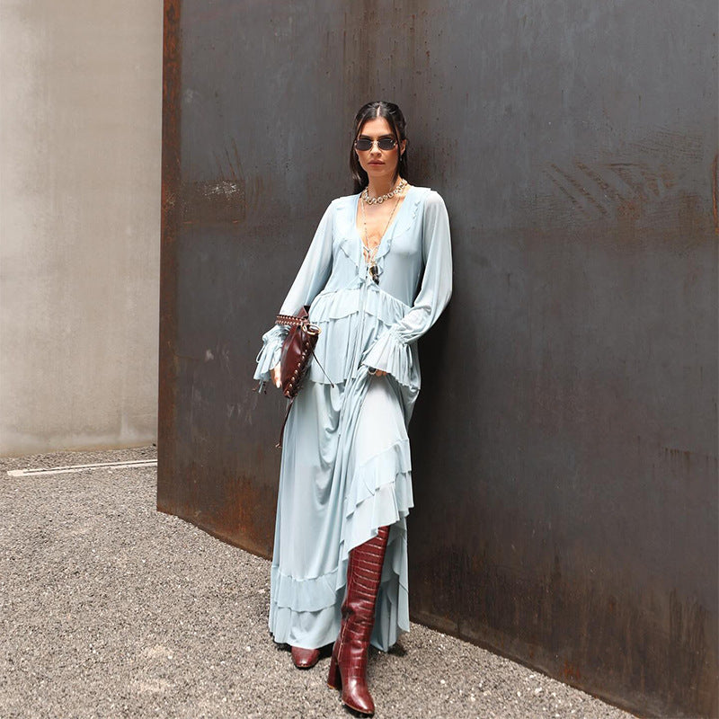 Women's Fresh Sweet Style Laminated Ruffled Long Dresses