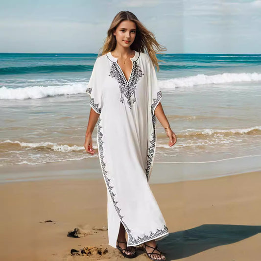 Women's Rayon Embroidered Slit Beach Vacation Robe Dresses