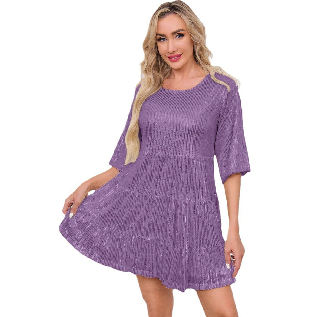 Solid Color Loose Waist Sleeves Dress Dresses