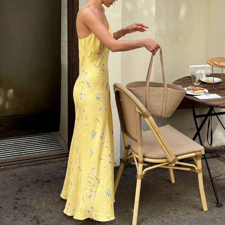 Women's V Printed Dress Sleeveless Cold-shoulder High Dresses