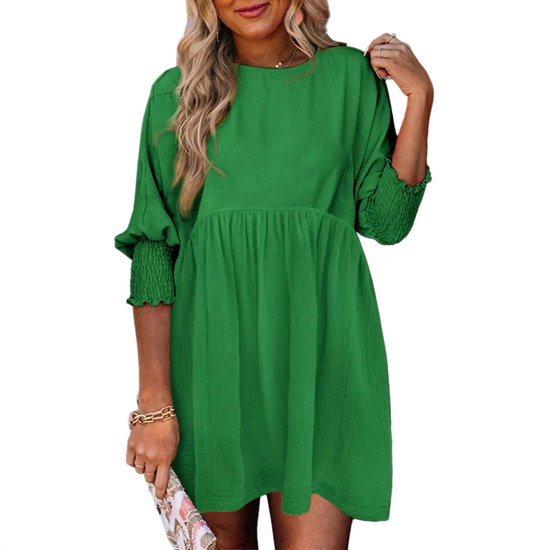 Women's Round Neck Girdle Cuff Pleating Casual Dresses
