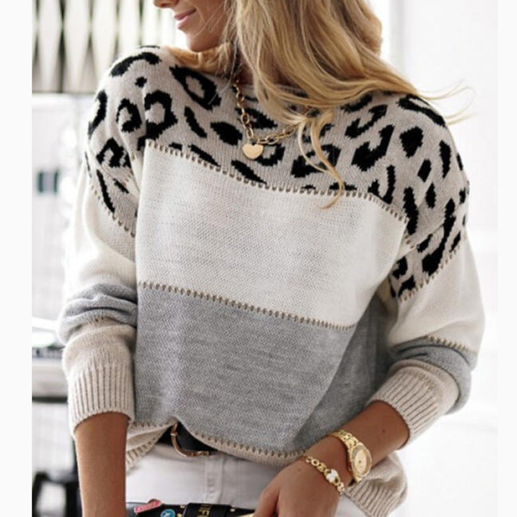 Women's Wild Leopard Print Pullover Color Matching Knitwear