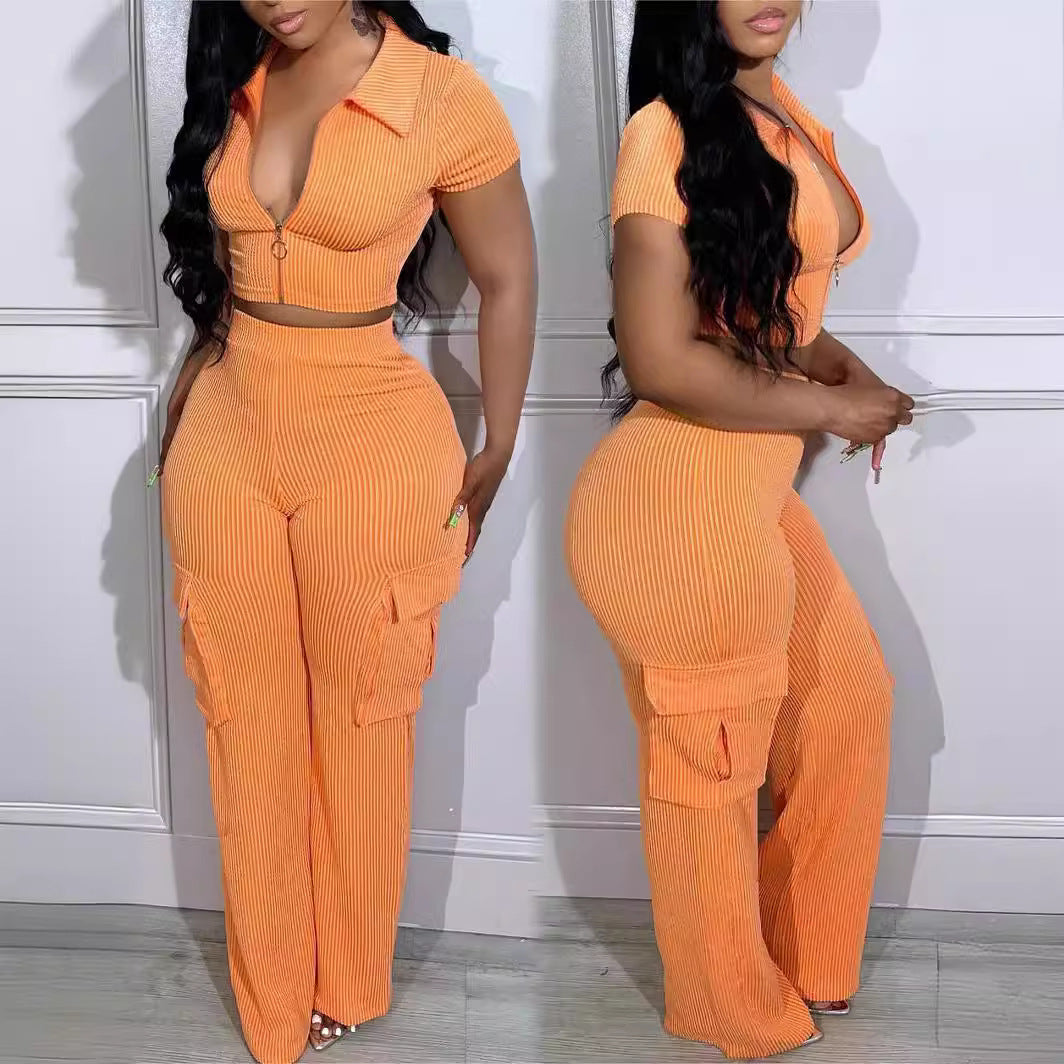 Zipper Trousers Casual Solid Color Two-piece Suits