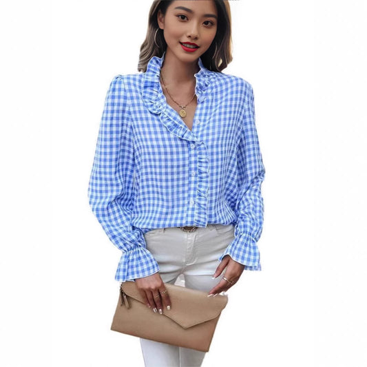 Women's Style Plaid Shirt With Wooden Ears Blouses