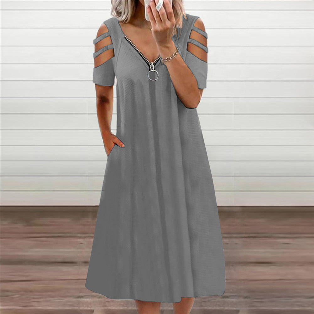 Women's Summer Sexy Solid Color Zipper Sleeve Dress