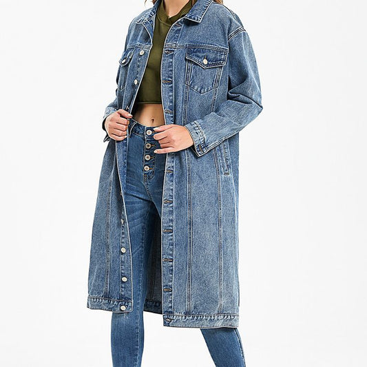 Women's Long Denim Washed-out Vintage Slim Fit Jackets