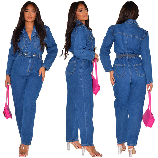 Women's Attractive Durable Sexy Collar Denim Jumpsuits