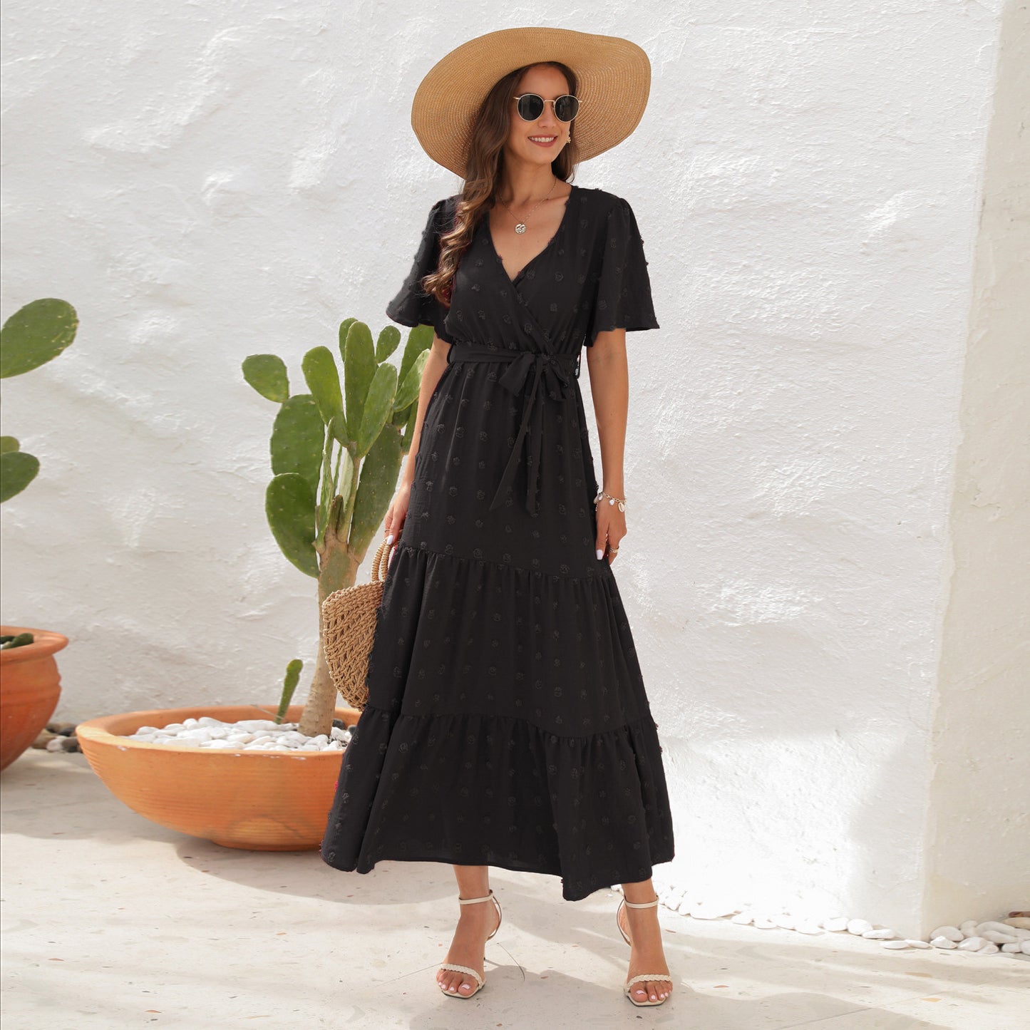 Women's High Waist Fur Ball Long Sleeve Beach Dress