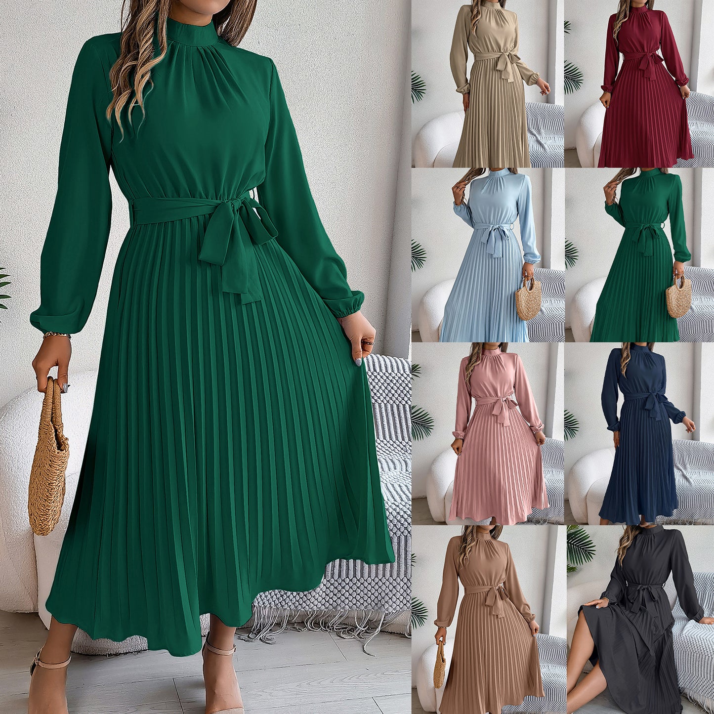Women's Stand Collar Long Sleeve Cinched Pleated Clothing