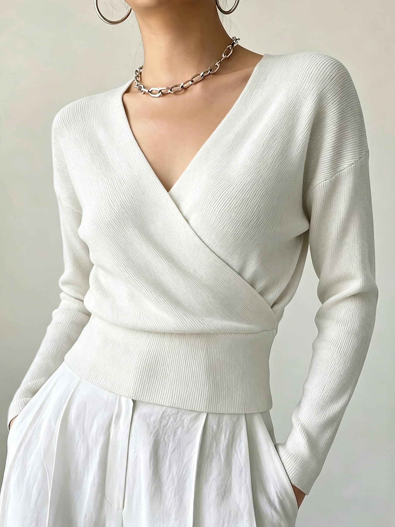 Women's Sleeve Solid Color Fashion Cross Collar Tight Waist Women's Sweater