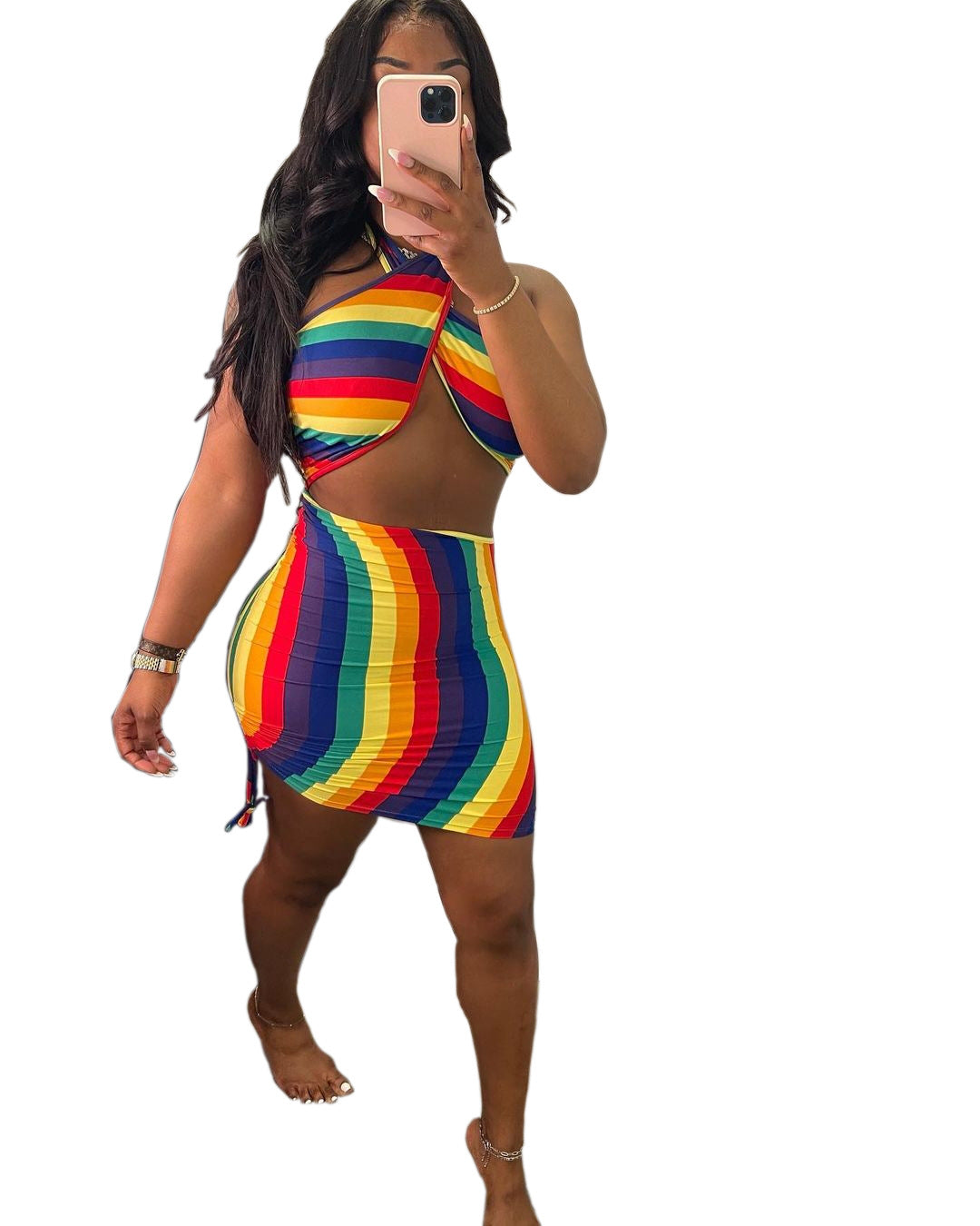 Women's Fashion Sexy Cross Halter Drawstring Two-piece Skirts