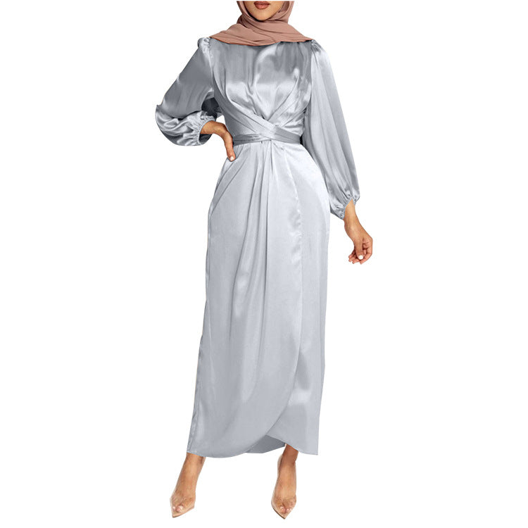 Fresh Sweet Satin Long Lantern Sleeve Lace Dress