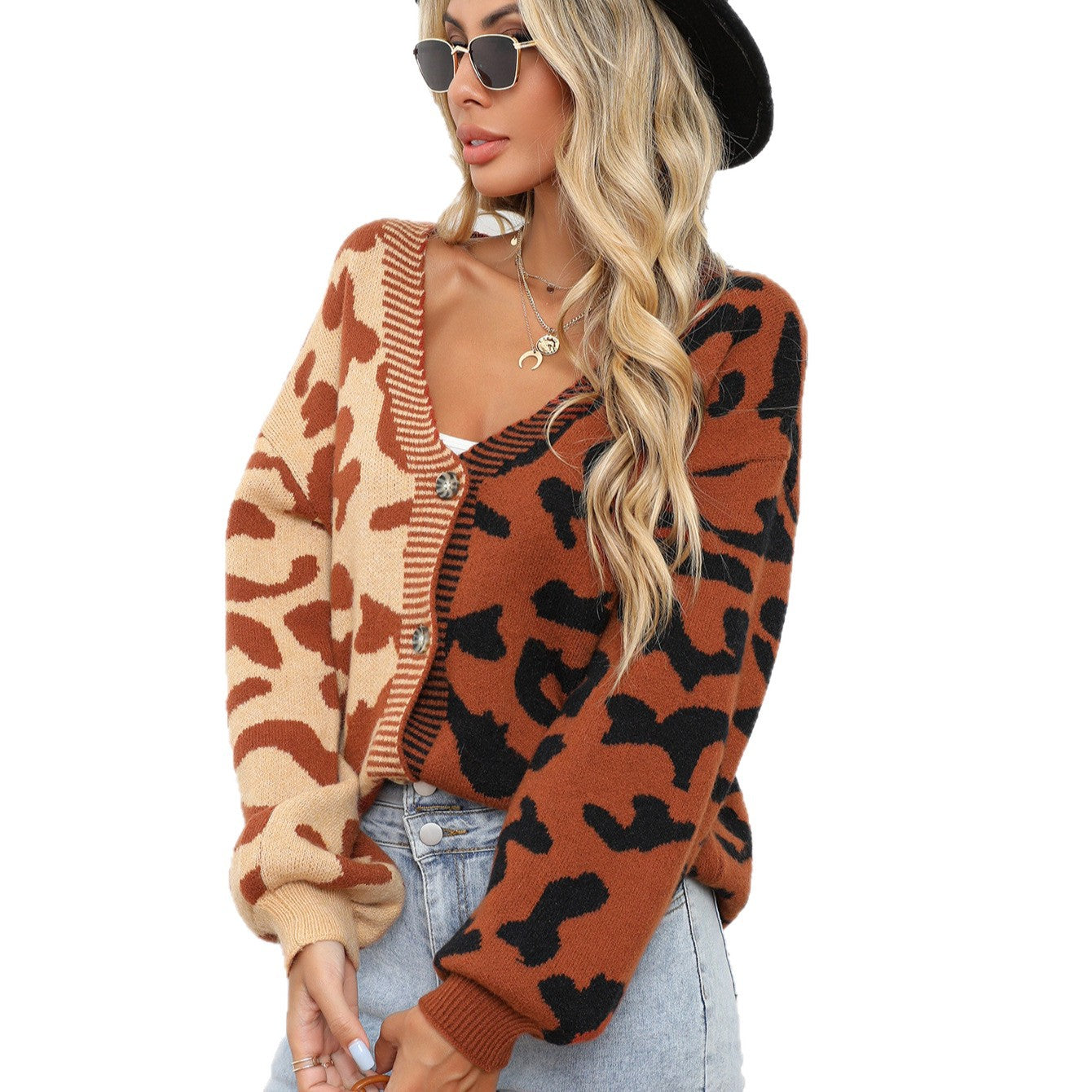 Graceful Comfortable Winter Leopard Splicing Button Women's Sweater