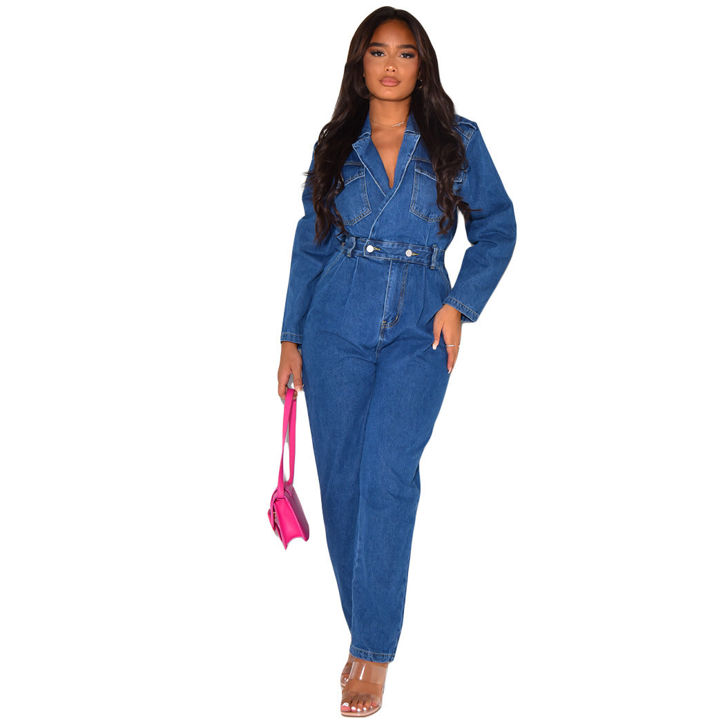 Women's Attractive Durable Sexy Collar Denim Jumpsuits