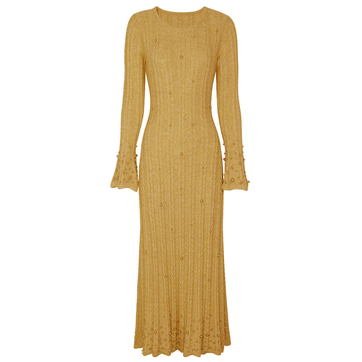 Wool Round Neck Nail Pearl Flared Dresses