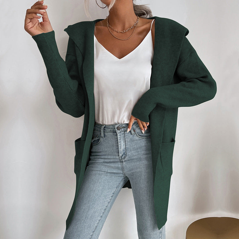 Women's Unique Hooded Sunken Stripe Knitted Knitwear