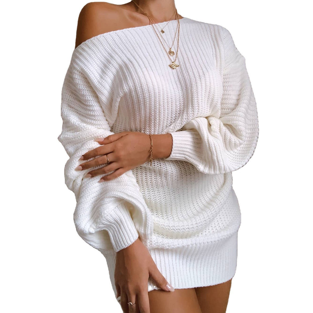 Creative Casual Lantern Sleeve Knitted Dress Sweater
