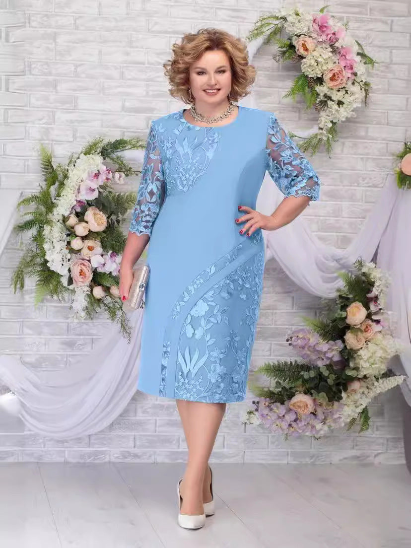 Women's Large Embroidered Dress Sleeve Round Neck Dresses