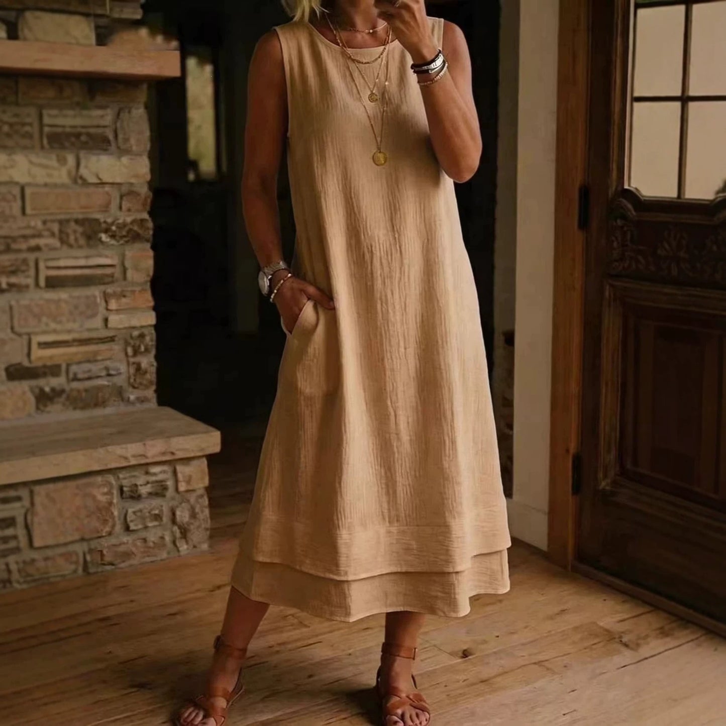Fashion Casual Round Neck Pocket Long Solid Dress