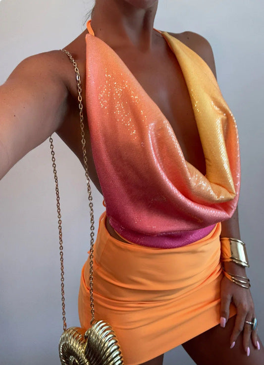 Deep Backless Sequined Floral Elegant Halter Tops