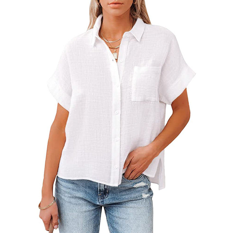 Women's Cotton Linen Short-sleeved Casual Side Slit Blouses