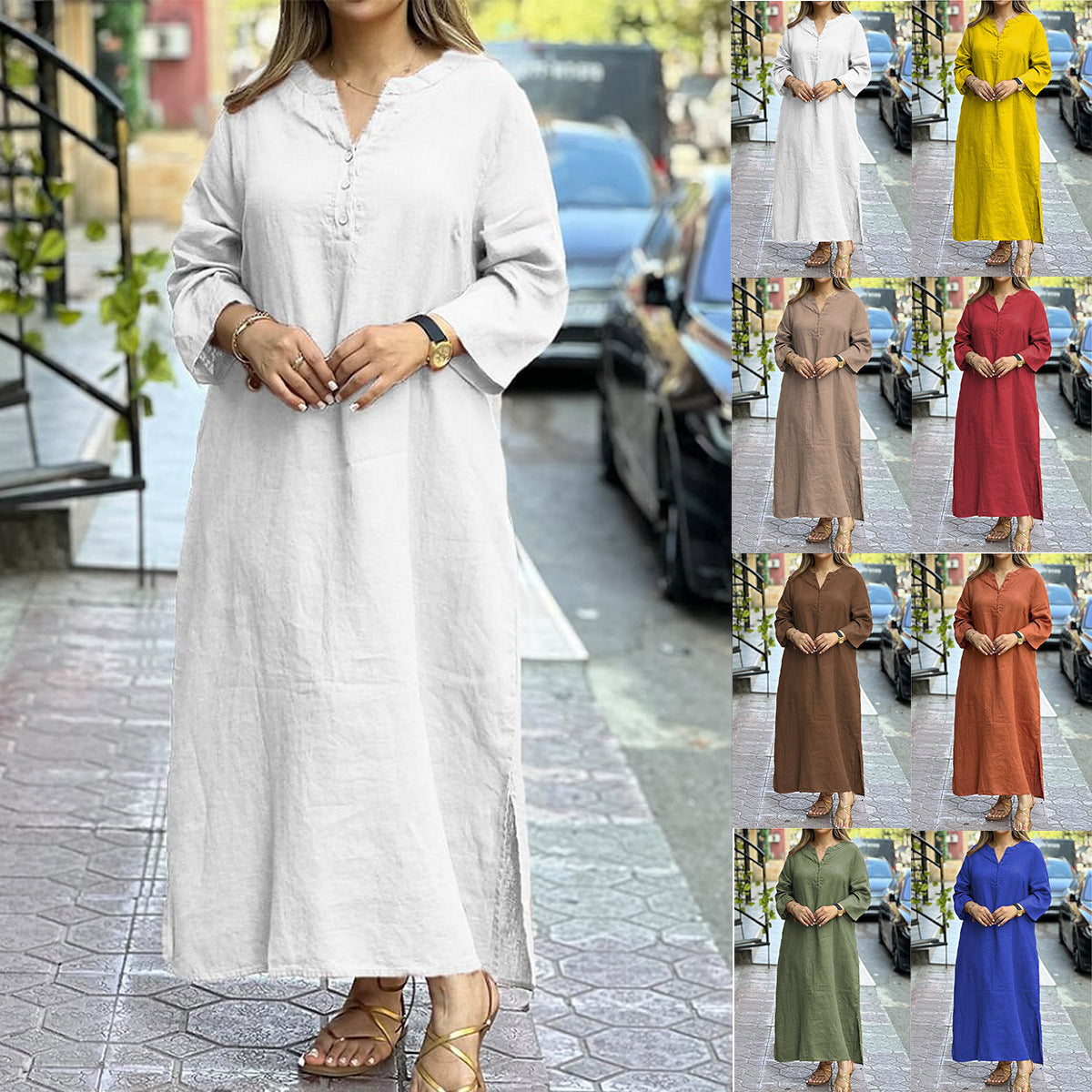 Cotton Linen Solid Color Long Sleeve Dress
