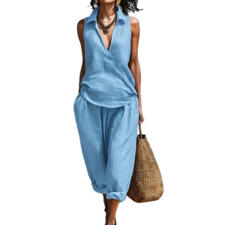 Women's Simple Lapel Shirt Wide Leg Linen Two-piece Fashion Casual Suit