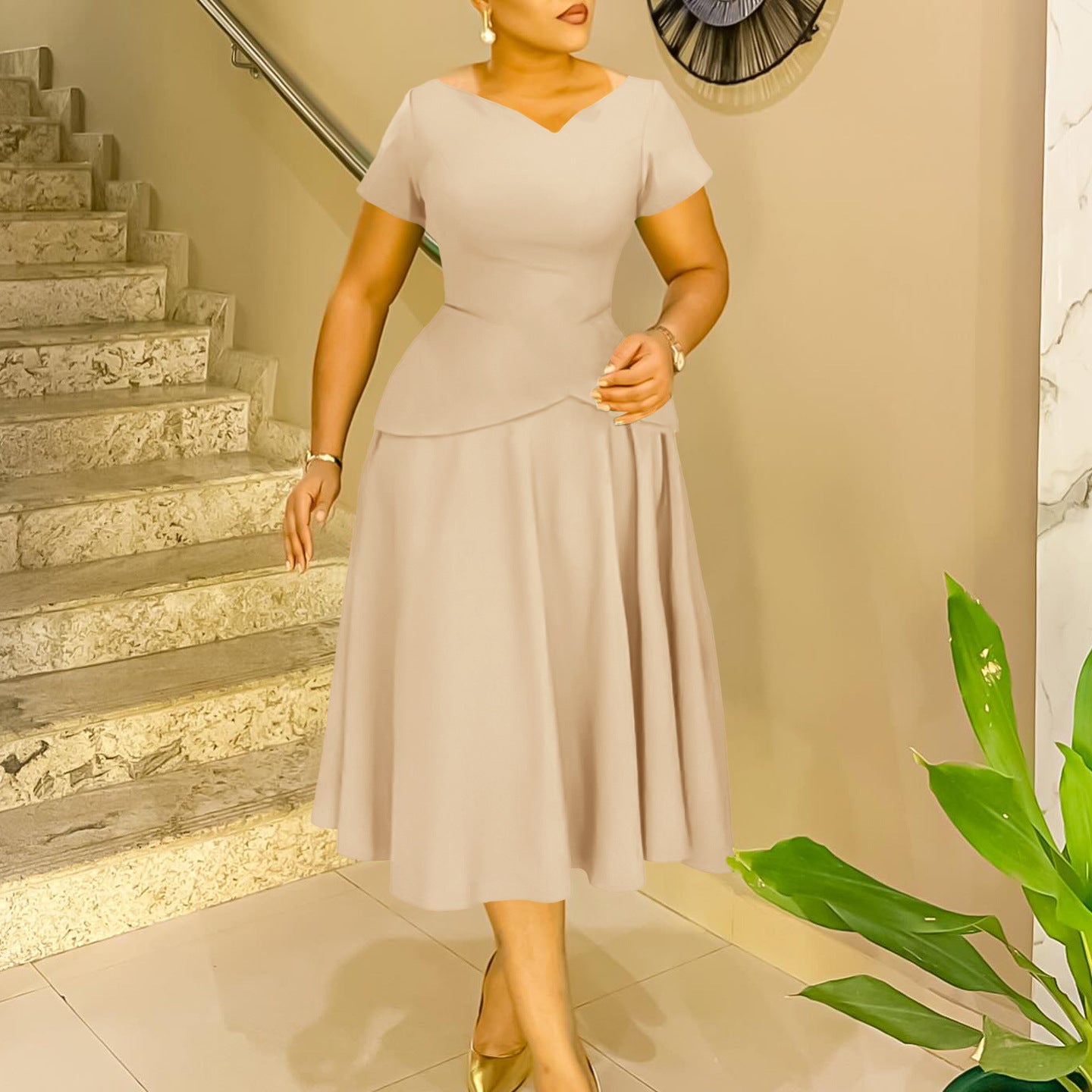 Summer Fashion Solid Color Sleeve A- Line Large Swing Dress
