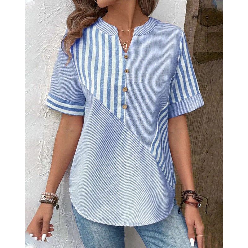 Women's Shirt Asymmetric Striped Stitching Cotton Linen Blouses