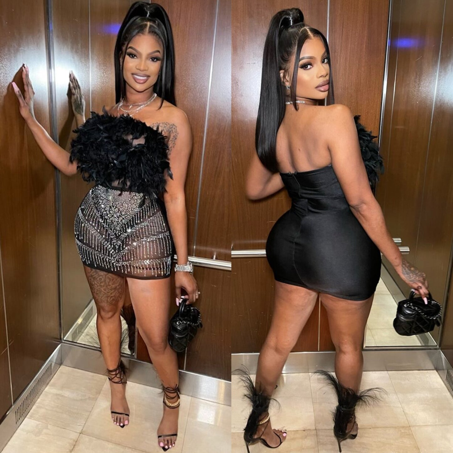 Women's Summer Sexy Feather Mesh Hot Drilling Dresses