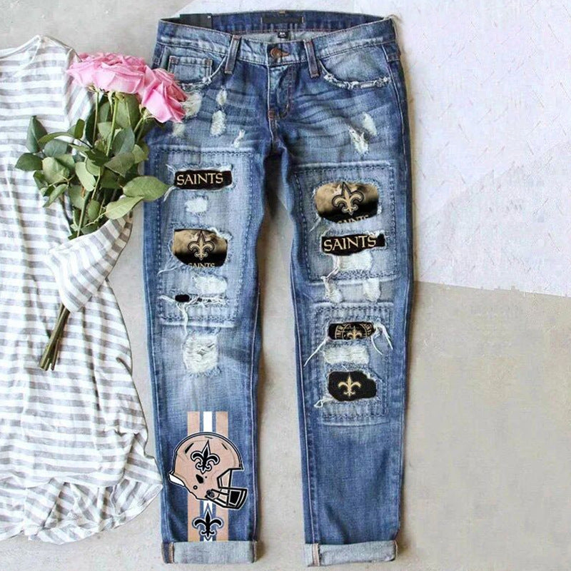 Women's Ripped Print Lining Casual Cropped Jeans