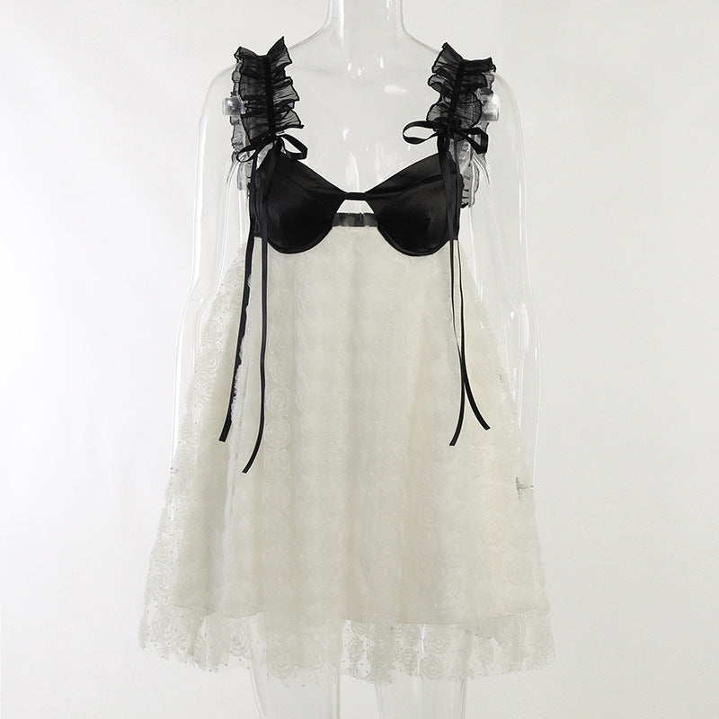 Women's Knitted Stitching Lace Strap Dress Summer Dresses