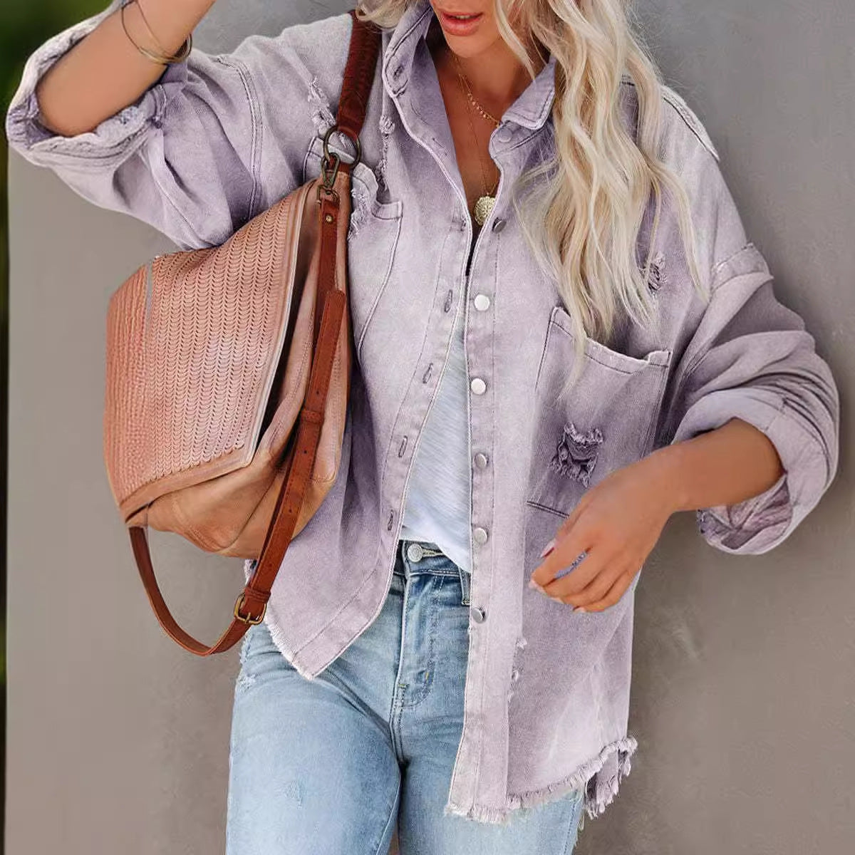 Women's Long Sleeve Raw Hem Ripped Denim Jackets
