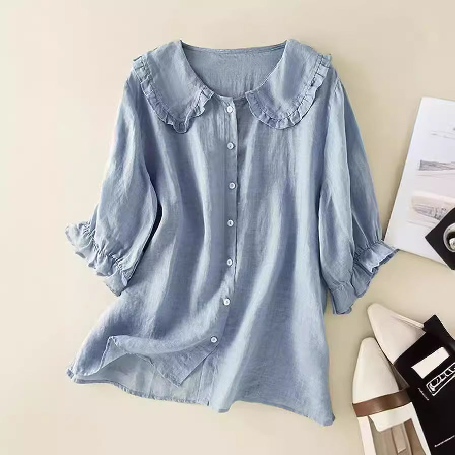 Women's Loose Half Sleeve Shirt Col Claudine Blouses