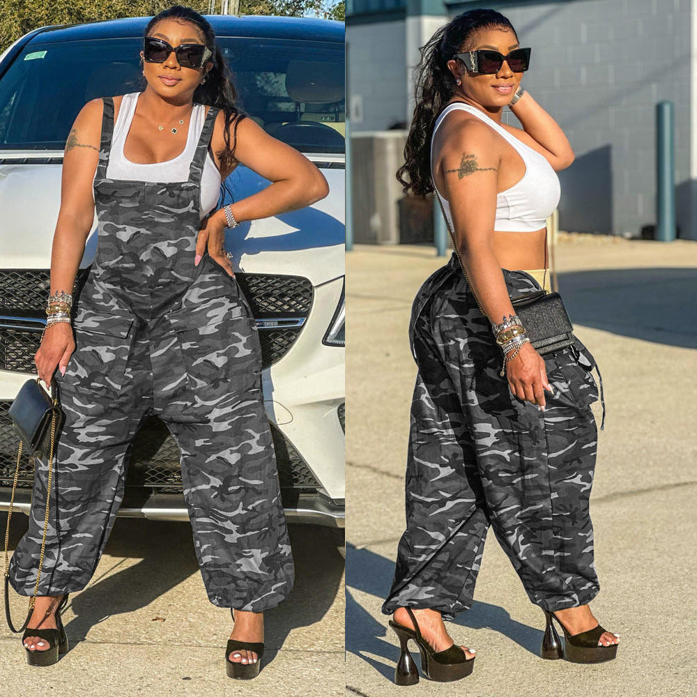 Women's Summer Fashion Strap Camouflage Digital Printing Jumpsuits