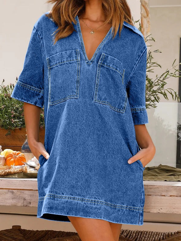 Women's Style Lapel Sleeve Loose Denim Dress Shorts