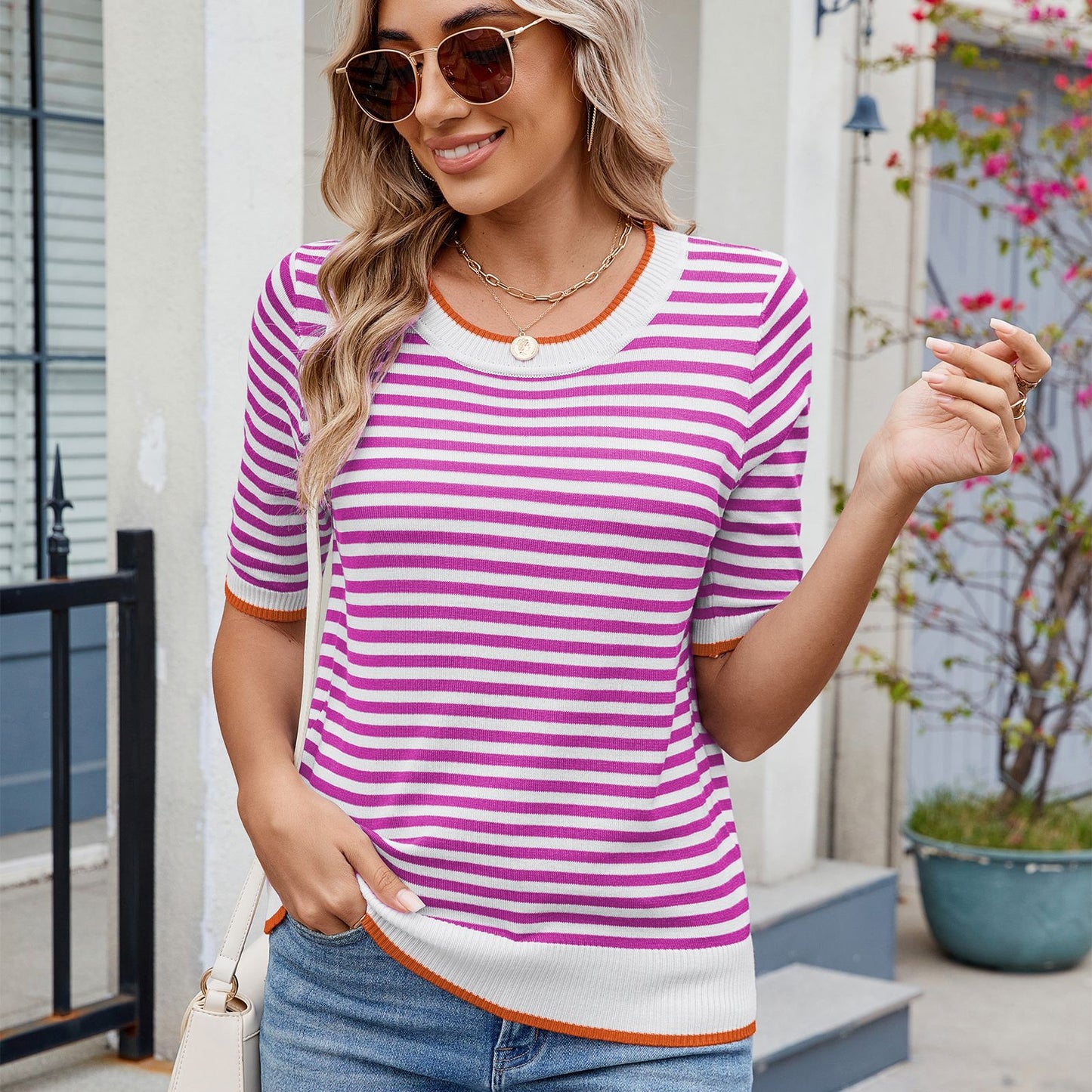 Women's Summer Stripe Knitted T-shirt Sleeve Ice Sweater