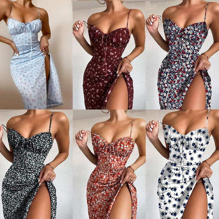 Women's Spring Sexy Fashion Printed Slit Sling Dresses