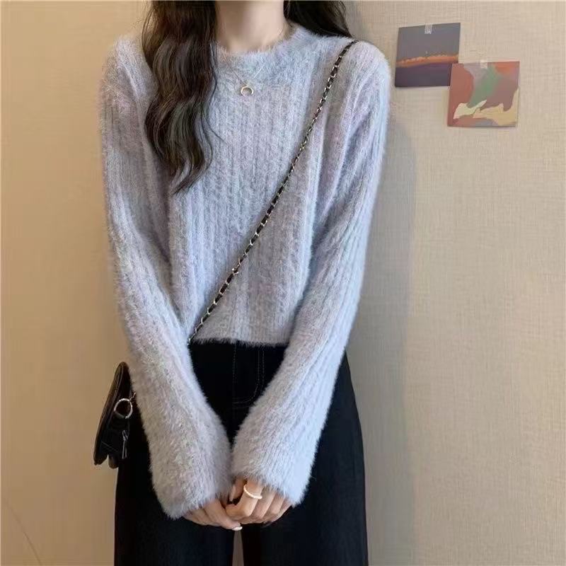 Women's Korean Style Mink Solid Color Sweet Graceful Pullover Women's Sweater