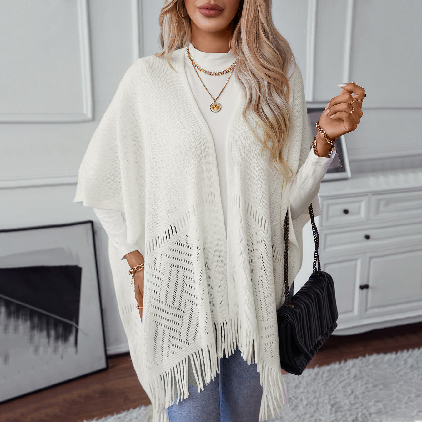Women's Solid Color Knitted Tassel Cape Shawl Casual Women's Sweater