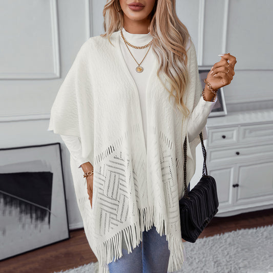 Women's Solid Color Knitted Tassel Cape Shawl Casual Women's Sweater