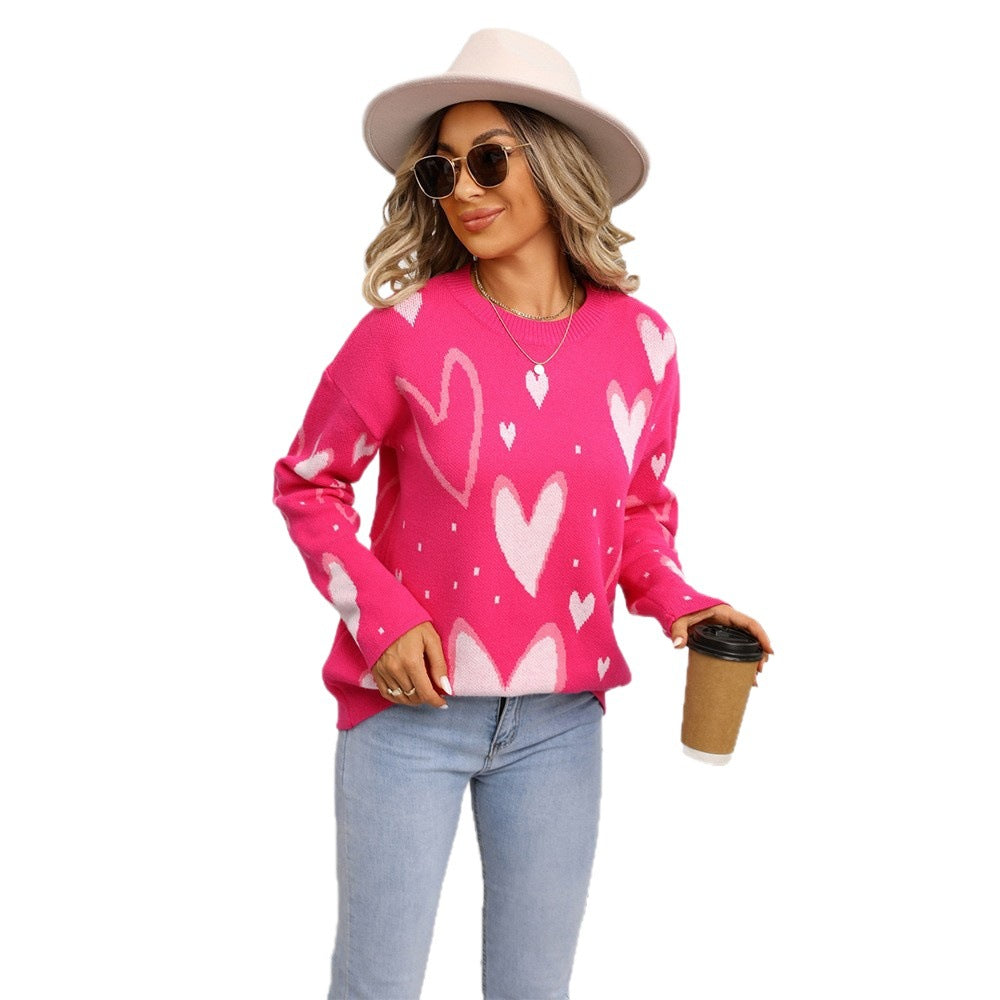 Women's Love Pullover Loose Round Neck Long Sweater