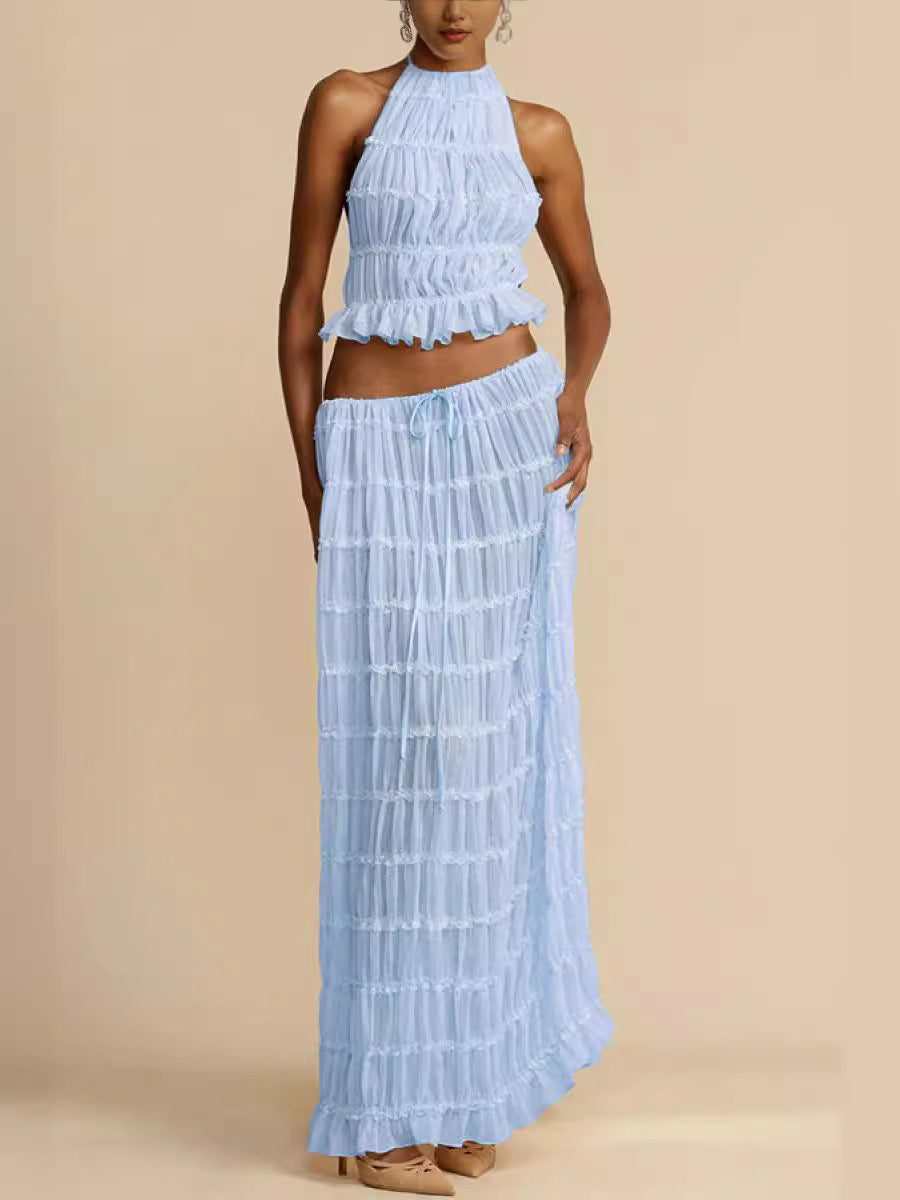 Summer Sexy Backless Halter Pleated Lace Suits