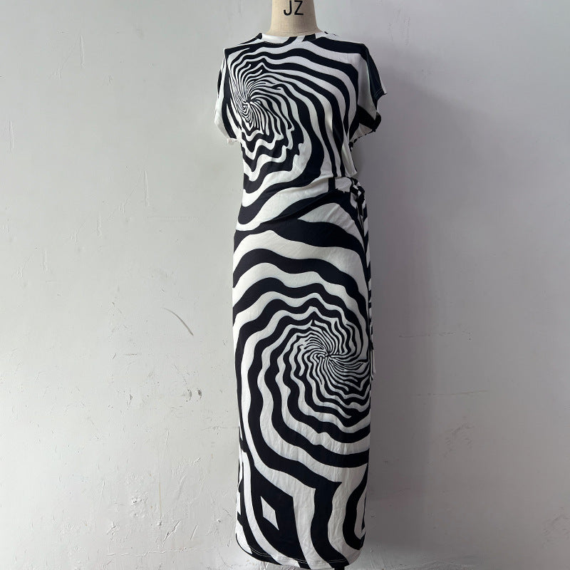 Spring Short-sleeved Side Slit Zebra Pattern Dresses
