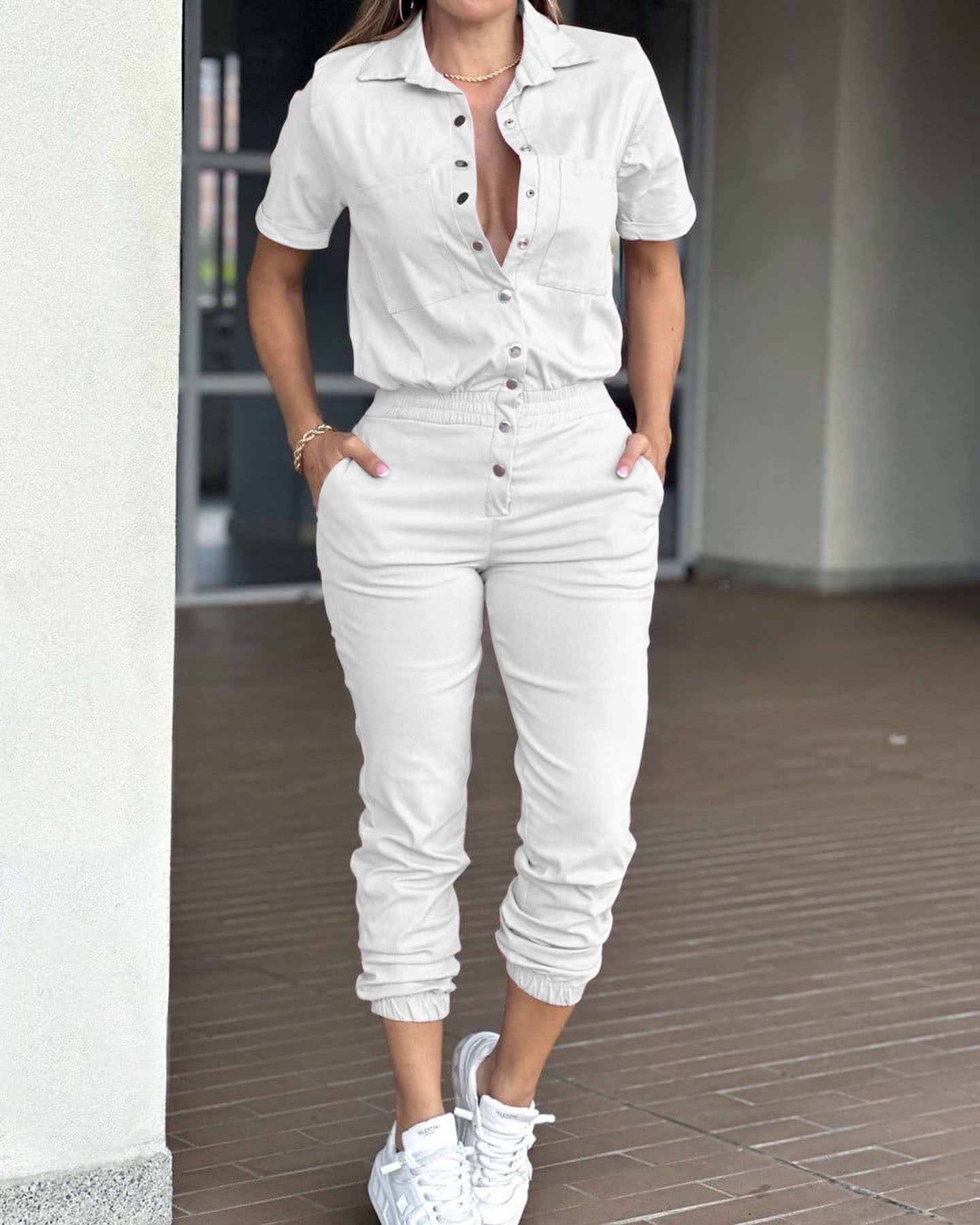Women's Casual Fashion Lapel Pocket Waist Elastic Jumpsuits