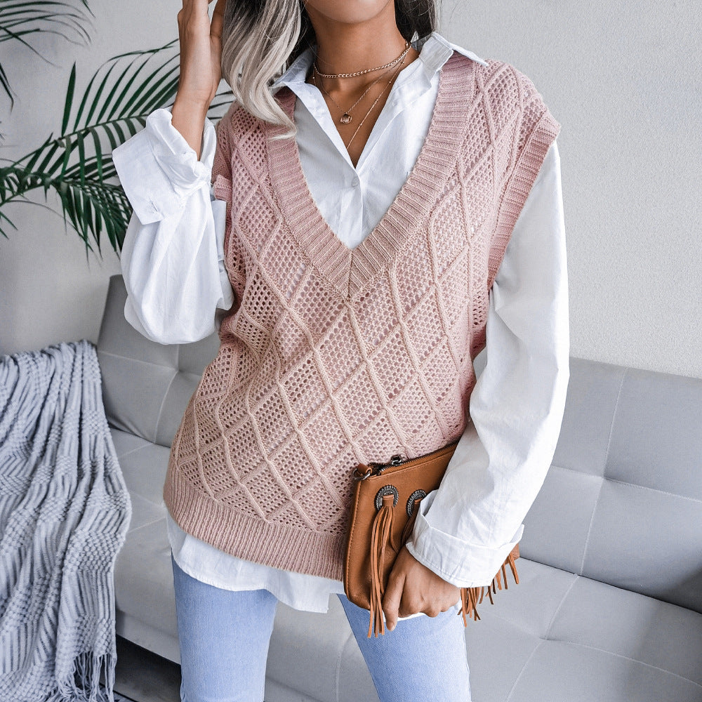 Women's Clearance Rhombus Hollowed Leisure Knitted Sweater