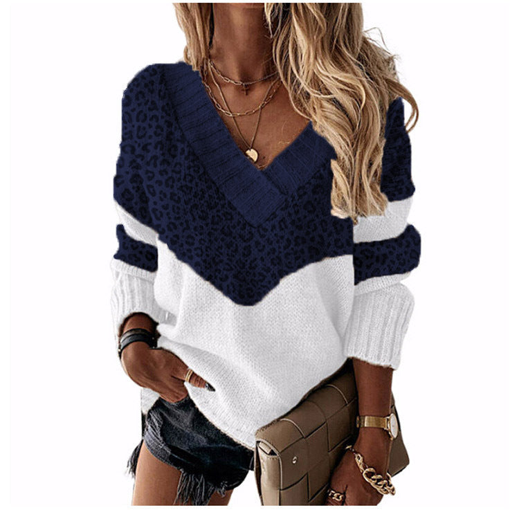 Collar Pullover Color Matching Striped Leopard Tops